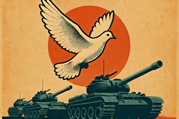 Powerful Symbolism of Peace Soaring Above Military Might in a Vintage-Inspired Artwork Featuring Tanks and a White Dove