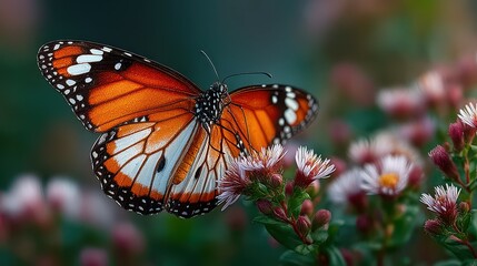 Obraz premium Monarch butterfly gracefully resting on vibrant flowers in a lush garden during springtime