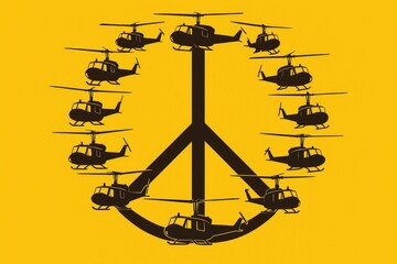 Vibrant Tribute to Peace and Conflict With Helicopter Silhouettes Creating a Striking Emblem of Unity and Hope Against a Bright Yellow Backdrop