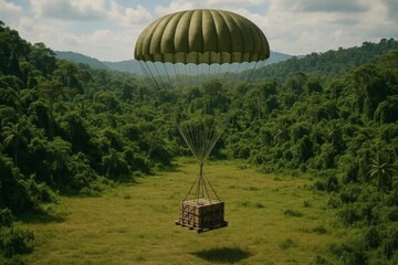 Delivery by Parachute Descends Into a Lush Jungle Clearing Under a Vibrant Sky During Midday