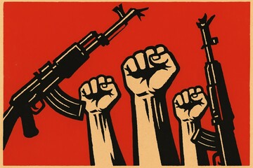 Symbolic Display of Unity and Resilience With Raised Fists and Firearms Against a Striking Red Backdrop