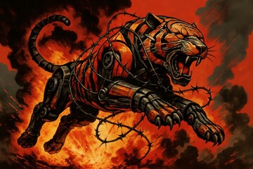 Fierce Metallic Tiger Springs Into Action Amid Explosive Orange Skies, Embodying Strength and Resilience With Every Roar