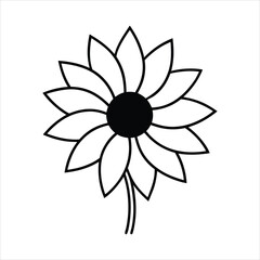 Simple Sunflower Illustration with Black Center and White Petals on White Background