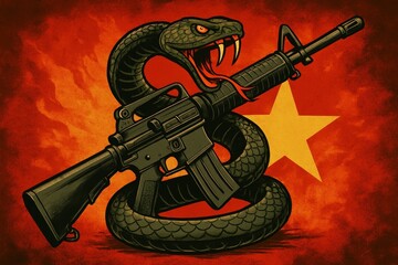 Striking Contrast of Danger and Power in a Graphic Representation of a Snake Coiling Around a Rifle Against a Bold Red Backdrop Signifying Conflict