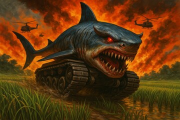 Ferocious Tank Shark Emerges From Fiery Battlefield Showcasing Monstrous Power and Intensity Amid a Thrilling Military Chaos