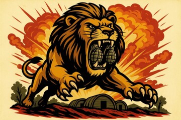 Ferocious Lion Charging Forward With Grenades in Mouth Against a Backdrop of Explosive Colors and Rugged Terrain