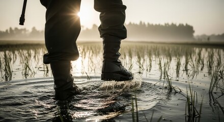 Capturing the Serene Footsteps of a Farmer Navigating Through Flooded Rice Fields at Dawn With Golden Sunlight Illuminating the Landscape