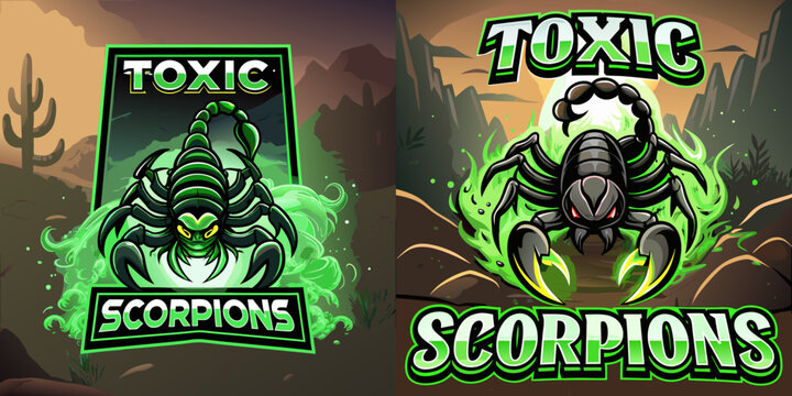 Radioactive Toxic Scorpions logo design set with glowing venom green, desert landscape, and sharp claws for dangerous mascot or warning identity visuals, vector