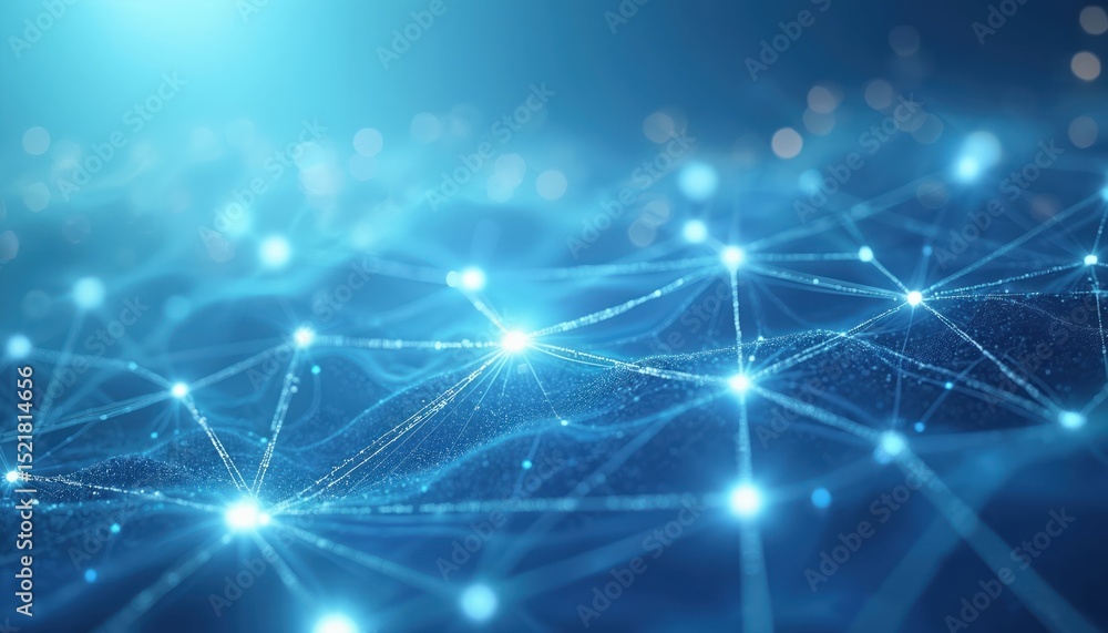 Aufkleber Abstract digital network with interconnected lines, nodes on blue background. Visualization of data flow, communication, web technology. Concept of cyberspace, future tech, innovation, artificial