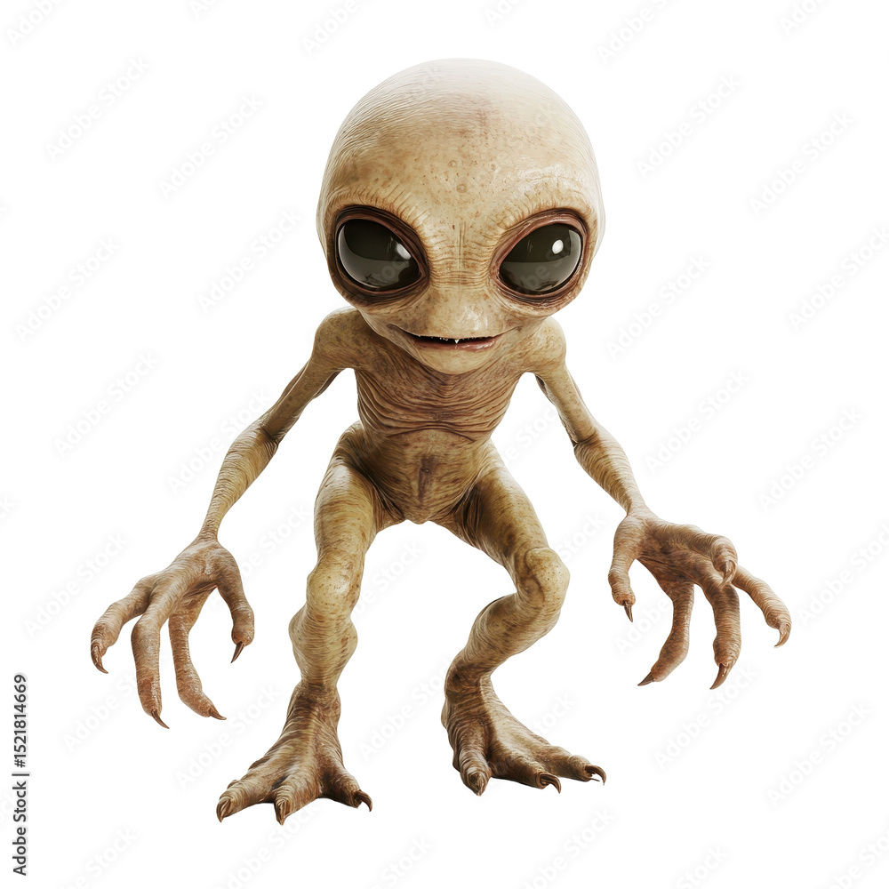 Poster mysterious alien character with large eyes and slender limbs in a fictional setting