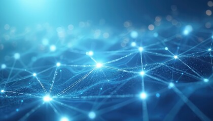 Fototapeta premium Abstract digital network with interconnected lines, nodes on blue background. Visualization of data flow, communication, web technology. Concept of cyberspace, future tech, innovation, artificial