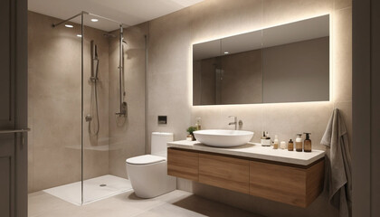Soft lighting bathroom 3D render with wallmounted sink