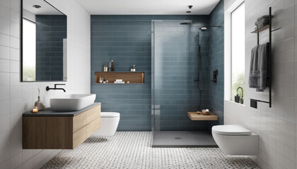 Clean tiled bathroom interior with floating sink