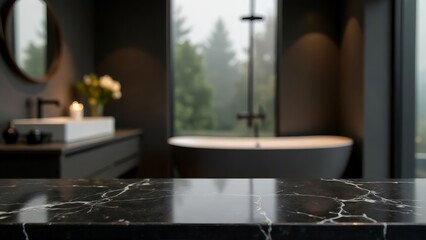 Empty marble table top on blurred minimalistic luxury bathroom at apartment, dark black and gray colors. Place for product display, showing products, side view