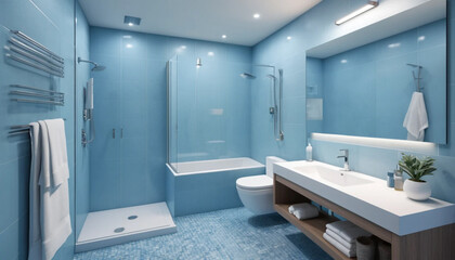 Soft blue bathroom design with 3D sink
