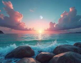 Scenic sunset, moon over ocean. Pink blue clouds on horizon, emerald green sea wave water splash on stones. Tropical island nature landscape for travel design.