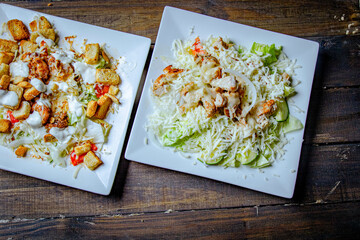 salad plate with lettuce and bread top view 