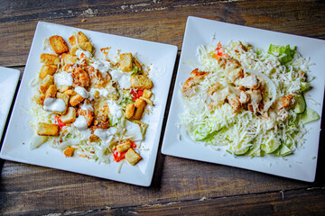 salad plate with lettuce and bread top view 