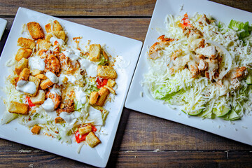 salad plate with lettuce and bread top view 