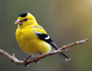American Goldfinch portrait perched on twig. Yellow plumage black wing feathers. Soft blurred background. Cute bird watching in nature. Wildlife photography.