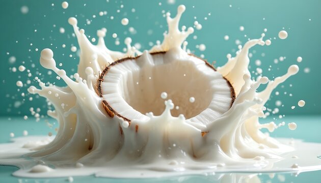 Explosive splash of fresh coconut milk with coconut chunks in motion. Tropical fruit closeup photo of coconut half. Coconut milk droplets creating liquid crown shape. Fresh drink, healthy food - Powered by Adobe