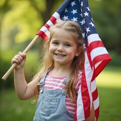 Smiling girl holds USA flag. Portrait of happy child celebrates American holiday. Kid with US flag enjoys Independence Day, Fourth of July. Patriotism, freedom, summer celebration.