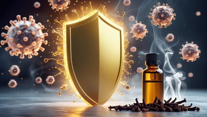 Dynamic image of a glowing golden shield protecting the body from germs. Stylized bacteria are neutralized by cloves, with clove oil and a steaming cup of clove water in the foreground as remedies.