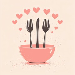 Forks in a bowl surrounded by hearts expressing love for cooking and sharing meals