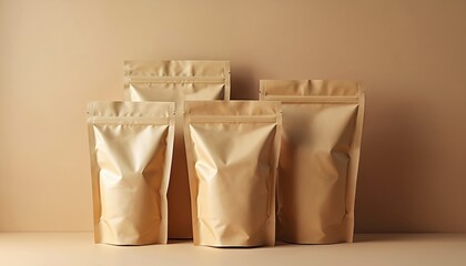 Kraft paper pouches stand upright on beige background, showcasing eco-friendly packaging for sustainable food and beverage products. Different sizes, neutral background, creative shopping solution.