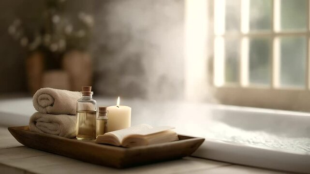 Relaxing Bath Scene with Candle and Essential Oils