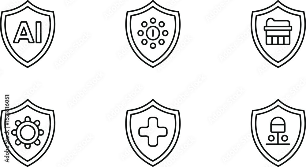 Poster six shields with different icons inside representing security and protection themes