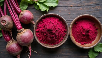 Fresh beetroots with green leaves and bowls of red beetroot powder. Healthy organic ingredient for supplements, herbal medicine. Nutrient-rich food supplement for wellbeing and energy.