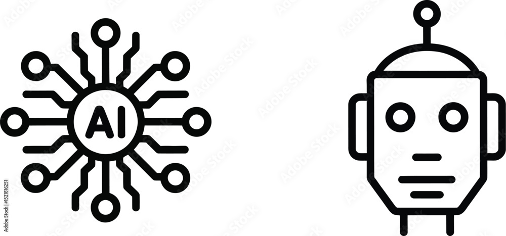 Poster illustration showing an ai circuit board and a robot head on a white background