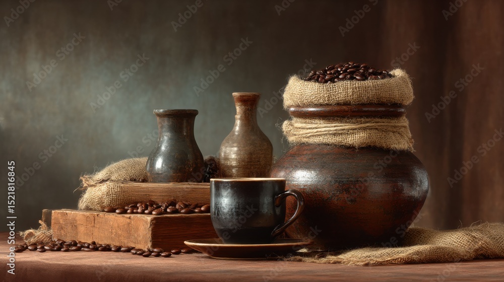 Poster rustic coffee beans still life with clay pots and burlap, representing warmth and morning rituals fo