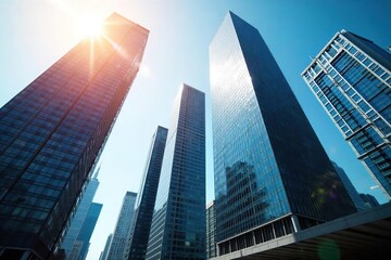 Sleek modern glass office towers dominate the downtown cityscape, reflecting the bright sunlight A vibrant urban scene of bustling commerce and ambitious architecture , sunlight, urban scene