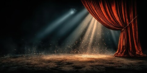 Curtain opening on a dimly lit stage with beams of light and particles creating a magical atmosphere