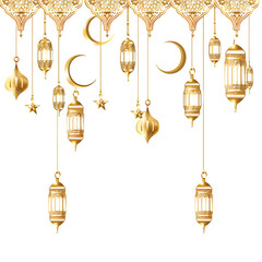 golden Islamic top border with hanging lanterns and crescent moons, elegant pattern isolated on white, designed only for top section of a greeting card