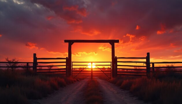 Dramatic ranch gate silhouette fiery orange sunset. Pathway leads to horizon. Rural scenery tranquil landscape. Nature background warm colorful twilight. Gateway to the wild west concept.