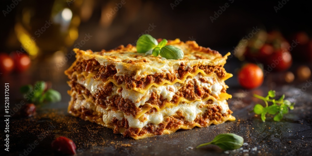 Poster delicious homemade lasagna stacked high with fresh basil, representing culinary tradition and comfor
