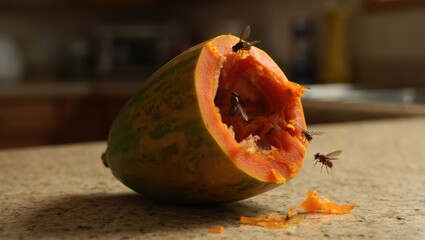 Half-eaten, mushy papaya sits uncovered on a dimly lit kitchen counter with a yellowish tint. Fruit flies hover nearby, emphasizing spoilage, decay, and neglect.
