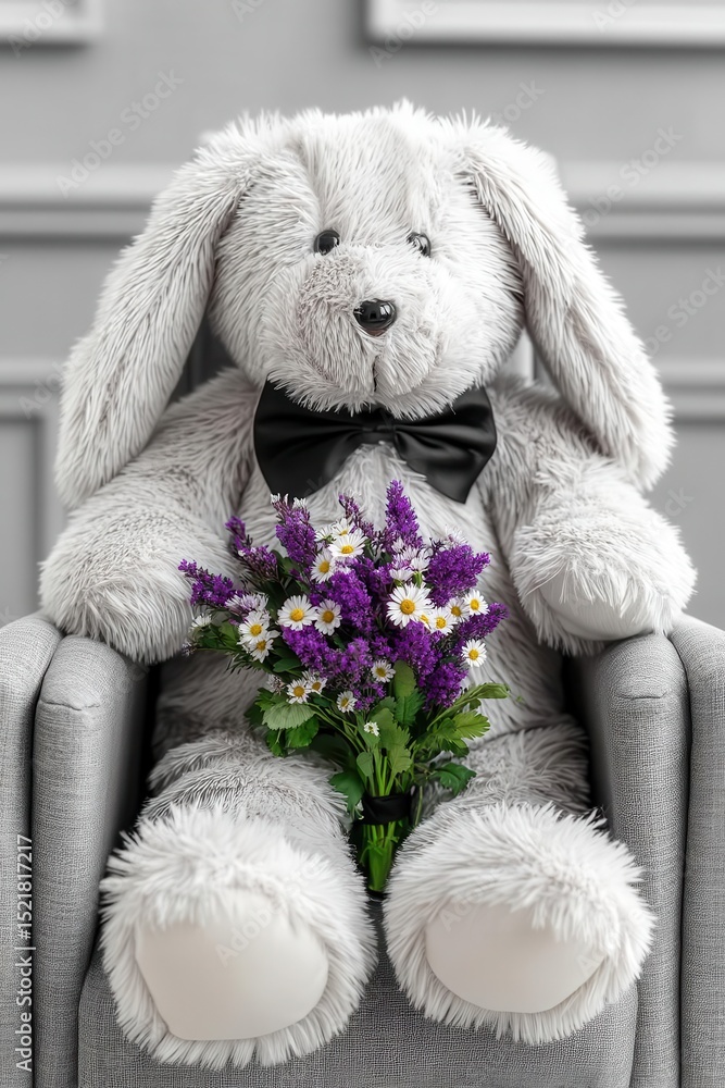Poster tree branches decorated with colorful easter eggs rest on a table and armchair positioned in front o