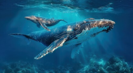 Fototapeta premium Humpback Whale and Calf Swimming Underwater in Turquoise Ocean, Symbolizing Marine Conservation and Family Togetherness, Ideal for Environmental Awareness Campaigns : Generative AI