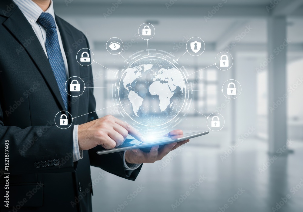 Poster businessman using tablet with global network security and data protection technology