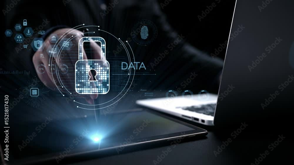 Poster this image illustrates a digital security concept, featuring a laptop with a lock symbol, emphasizin