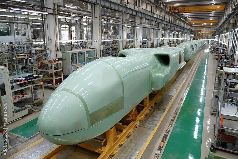 Poster manufacturing process of high-speed train inside factory showing assembly line