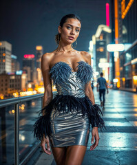 Stylish Woman in Blue Dress on Neon City Street