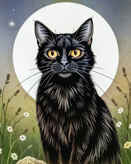 Stylized Black Cat in Front of a Full Moon