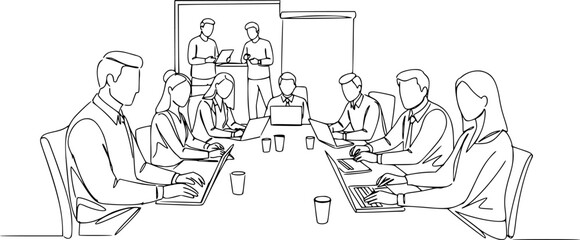 Business team meeting continuous line drawing. Friends in cafe contour vector illustration.
