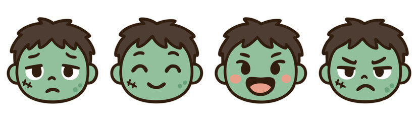 Kawaii Zombie Emoji Set – Sad, Happy, Laughing and Angry Cute Undead Faces – Halloween Vector Stickers
