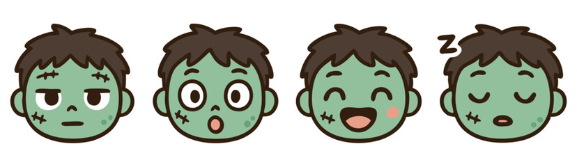 Kawaii Zombie Face Emotes – Neutral, Surprised, Laughing and Sleepy Cute Undead Expressions – Vector Halloween Pack
